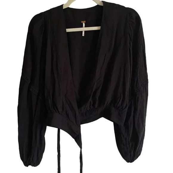 FREE People Black Dream Girl Wrap Puff Sleeve Tie Crop Blouse Size XS - Picture 3 of 11